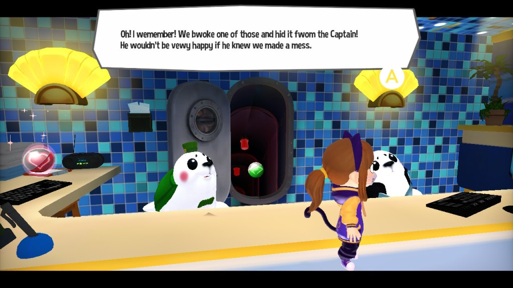 The harp seal desk clerk says, "Oh! I wemember! WE bwoke one of those and hid it fwom the Captain! He wouldn't be vewy happy if he knew we made a mess."