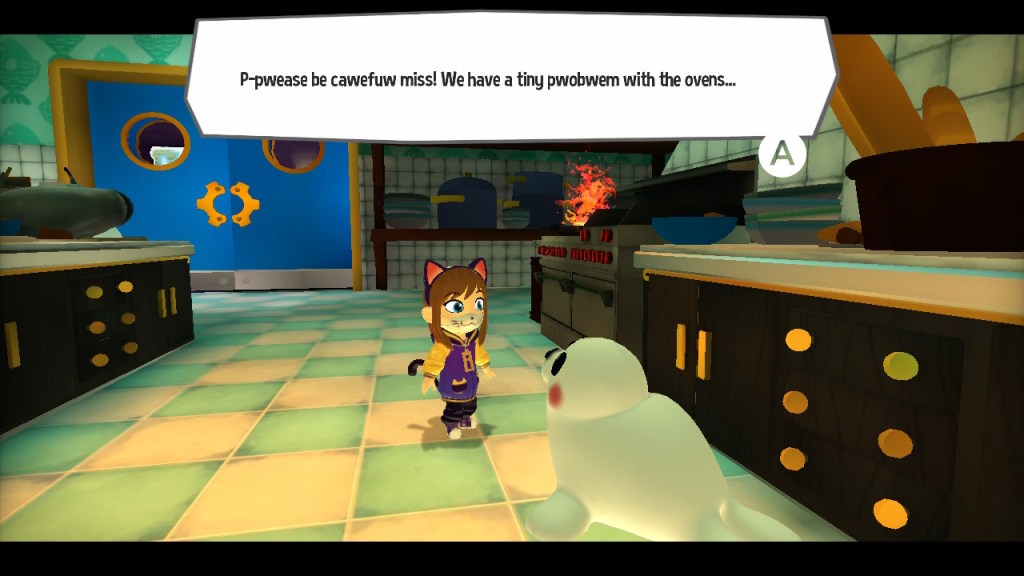 The seal says to Hat Kid, "P-pwease be cawefuw miss!! We have a tiny pwobwem with the ovens..." We can see a fire behind her.