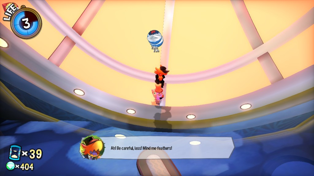 Hat Kid carries the Conductor, an asshole bird with a cap. She's standing close to the water's edge on top of what appears to be a large dome shaped window.