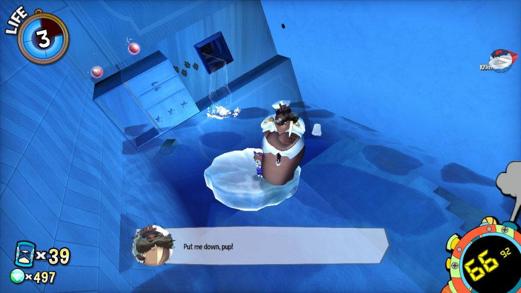 Hat Kid carries a disgruntled walrus captain, he says "Put me down, pup!"