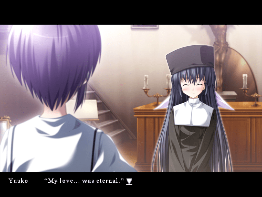 Yuuko smiles meekly with her eyes closed and a moderate blush. She says "My love... was eternal."