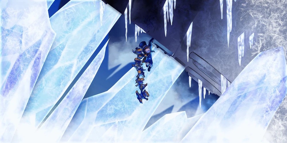 We see Hat Kid hanging from the side of the ship, which is titled at a steep angle. There's a bunch of baby birds hanging from her back. Large pieces of ice are sticking into the ship.