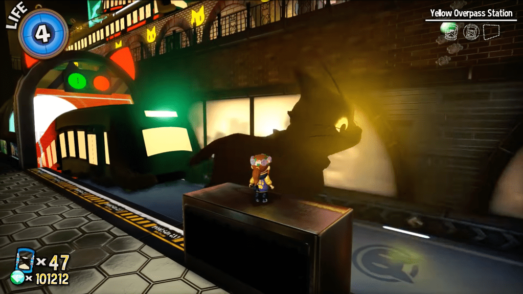 Train Cat, a large orange cat with glowing yellow eyes pulling a train. 