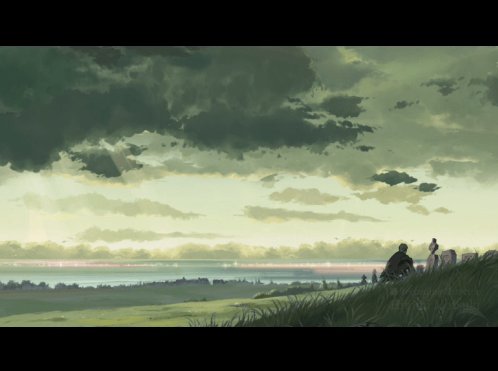 A lone figure sits in front of some graves on a grassy hill. In the background there's a green tinted cloudy sky and a colorful sea. 