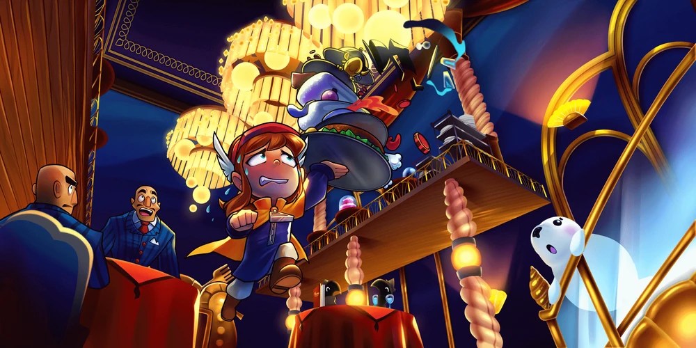 Hat Kid is holding a stack of plates, bowls, a baby bird, and so on with one hand. She has a distressed expression as it wobbles around. In the background there's mafia, a seal crew, and those bird informant guys watching all looking relaxed in comparison. 