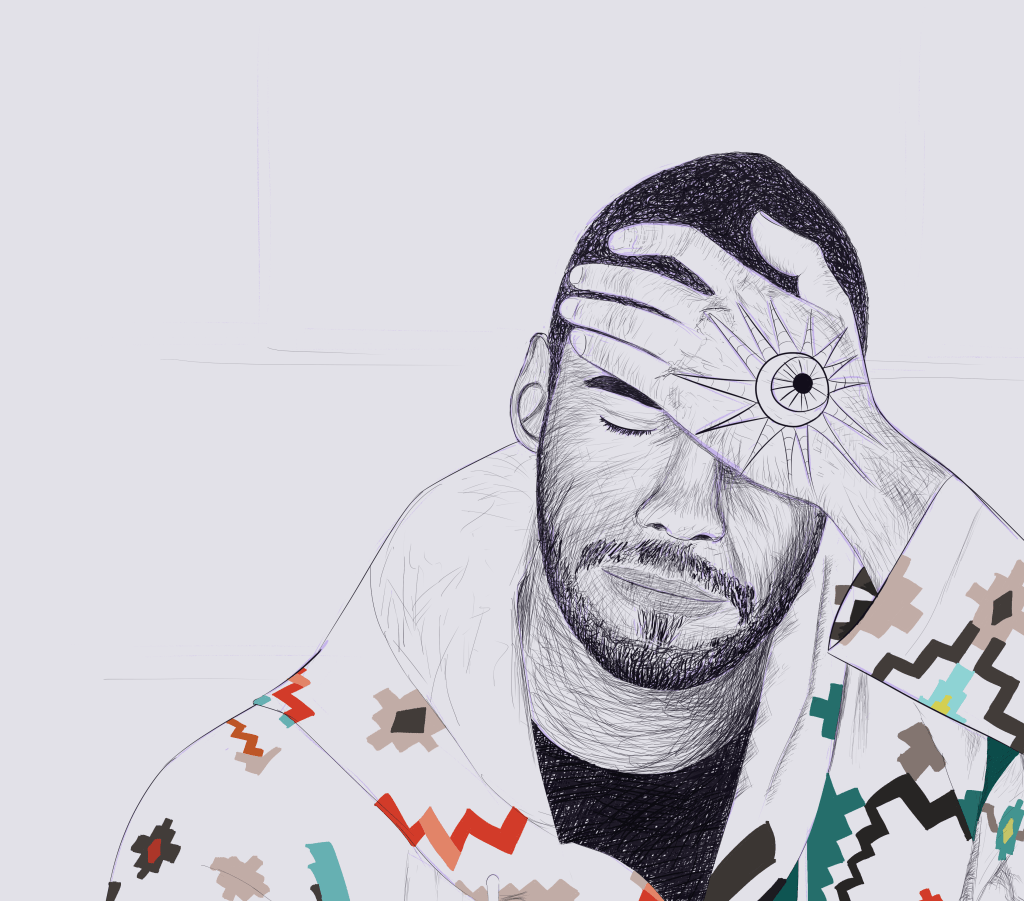 An illustrated portrait of Westley Banks. It is predominantly black and white, but there's color in the zigzagging patterns of his hoodie. His eyes are closed and he has his left hand placed over his head. His hand covers his left eye. His hand features a tattoo, which appears to be an eyeball with tendrils sticking out. It is reminiscent of the sun and moon. 