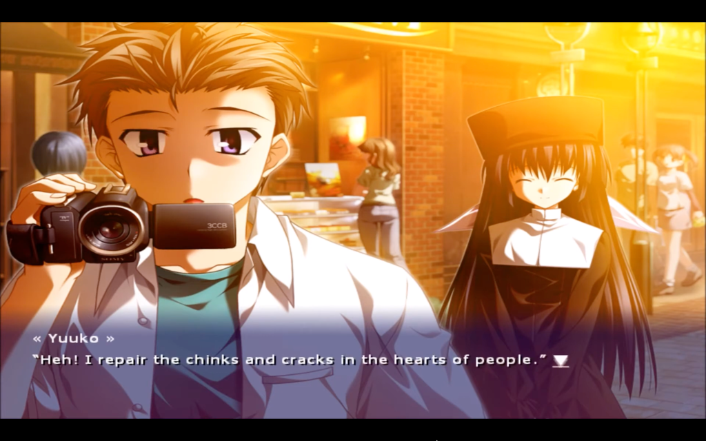 Yuuko, an anime girl with long black hair and a nun-like outfit smiles and says, "Heh! I repair the chinks and cracks in the hearts of people."