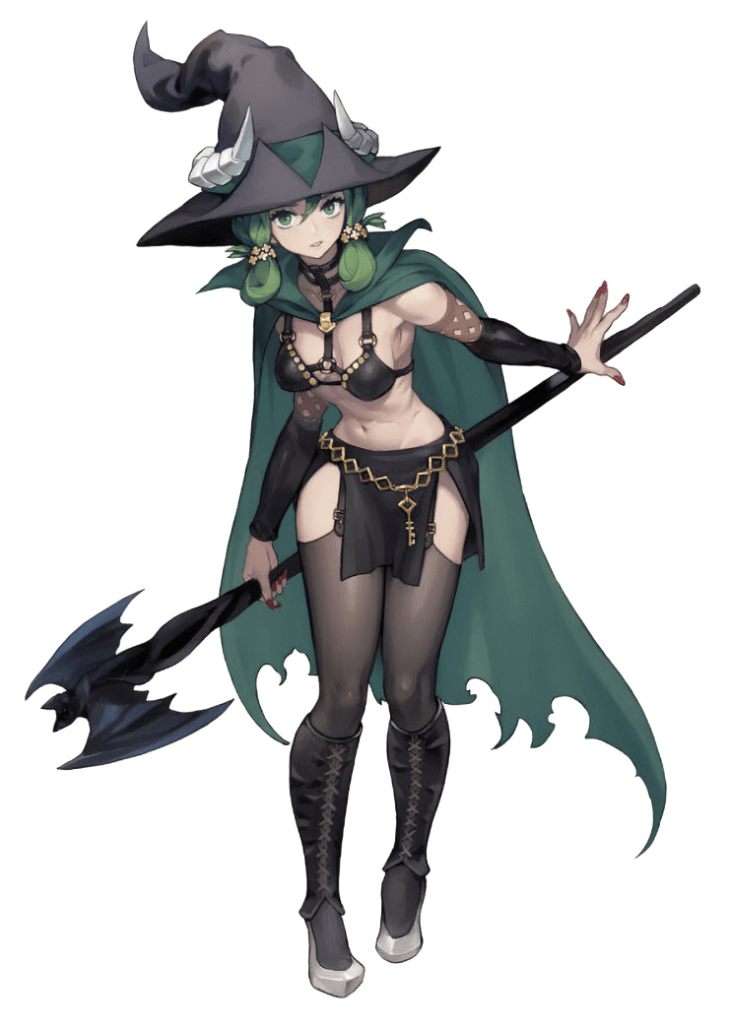 Yahna's got her witch hat, she's got her green cape, and her garb otherwise isn't super far off from a bikini. 