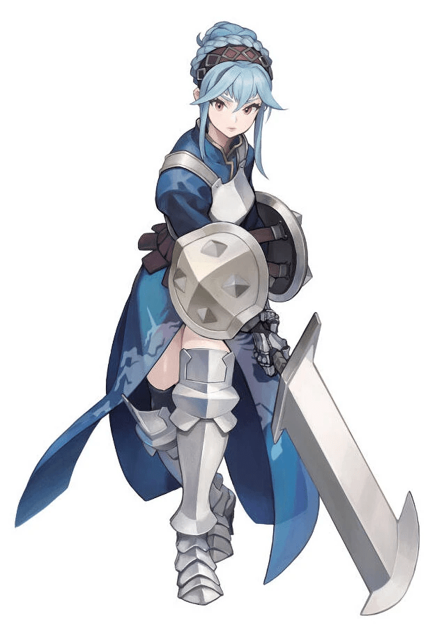 She's got some interesting mix of armor and a dress, a small shield on each arm, a big ass sword, and light blue hair that's tied up in the back. 