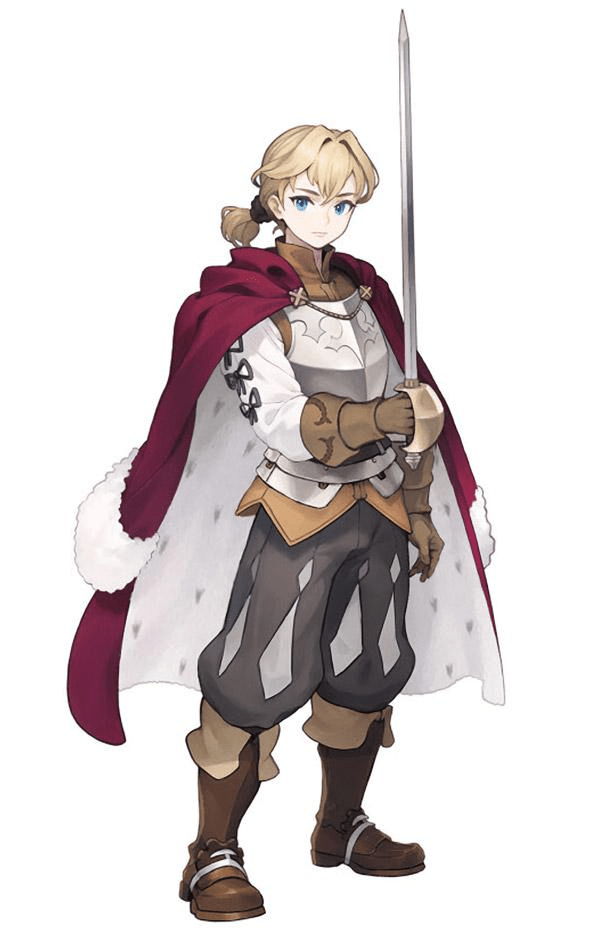Gilbert's official art. He's got a royal looking cape and decorated armor. He's got long blonde hair tied back in a man bun. He's noble looking but not entirely kingly. 