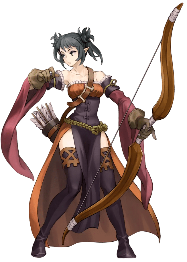 Ridiel's official art. She's a bow wielder with elf ears and an outfit that would fit in perfectly at a Renaissance Fair. She's got black hair tied into loose buns on both sides. Her clothing has a dark color palette, featuring dark purples, orange, and maroon.