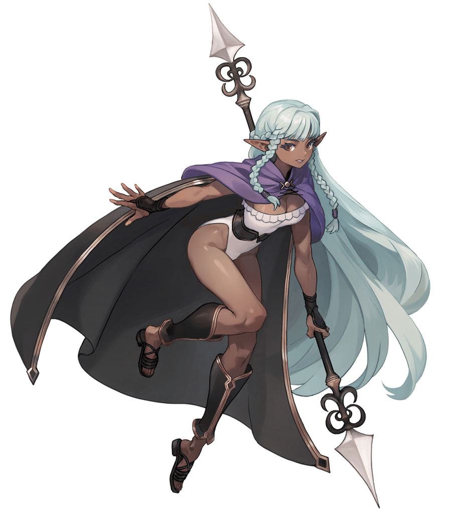 Rosalinde's official art. She's a dark skinned elf with greenish white hair, a purple and black cape, and what looks like a pinkish white one piece swimsuit. She's also weilding a spear. She's got a sly confident expression. 