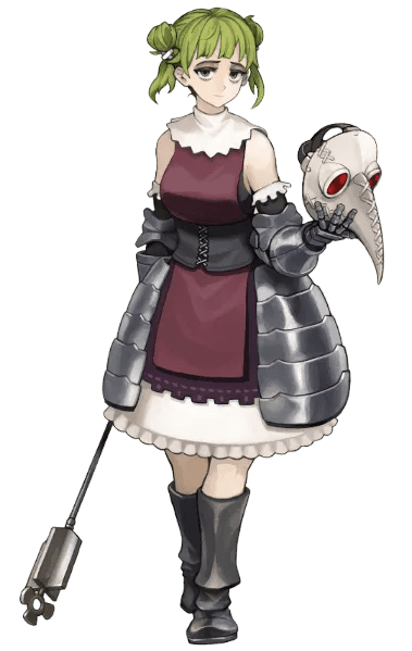 Tatiana's official art. She wears priestess attire but her dress is primarily dark red. She's got green hair tied into neatish buns on each side. She has tired eyes. She's holding a plague doctor mask in one hand a staff in the other.