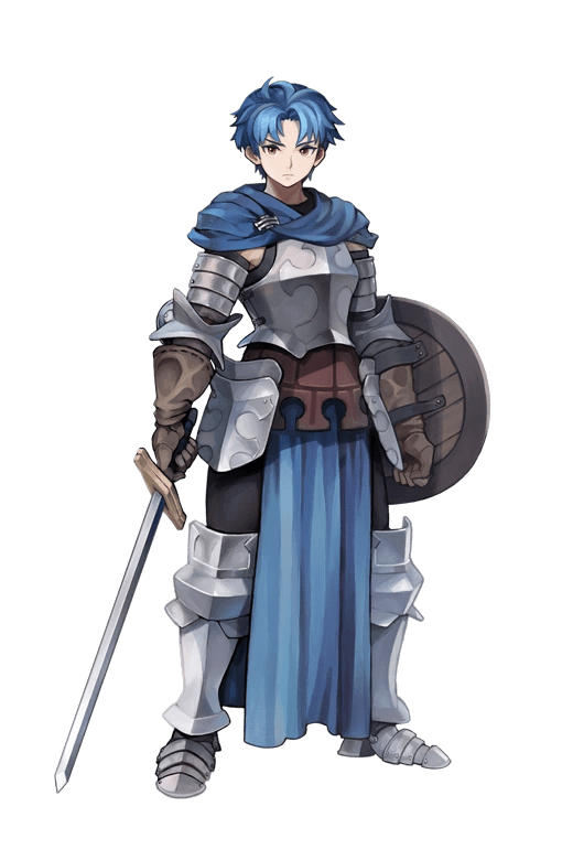 Alain's official art. He's got short slightly messy blue hair. He's got a sword, a shield, and some armor. Fairly normal looking.