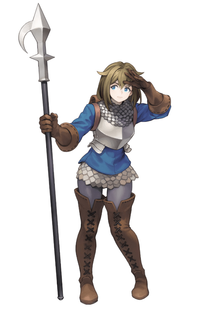 Chloe is a soldier with thigh high boots, chainmail, a spear, and shoulder length dirty blonde hair. She's posed like she's on the lookout for something.