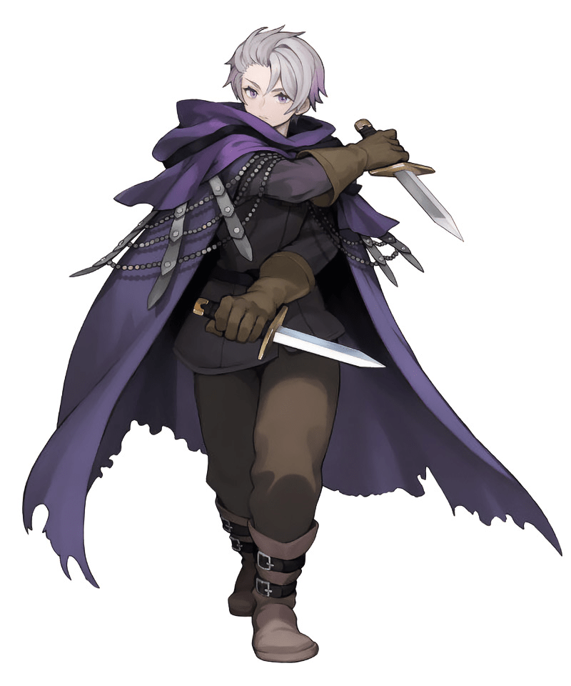 Travis is a white haired thief type with dark clothing and a big purple cape. 