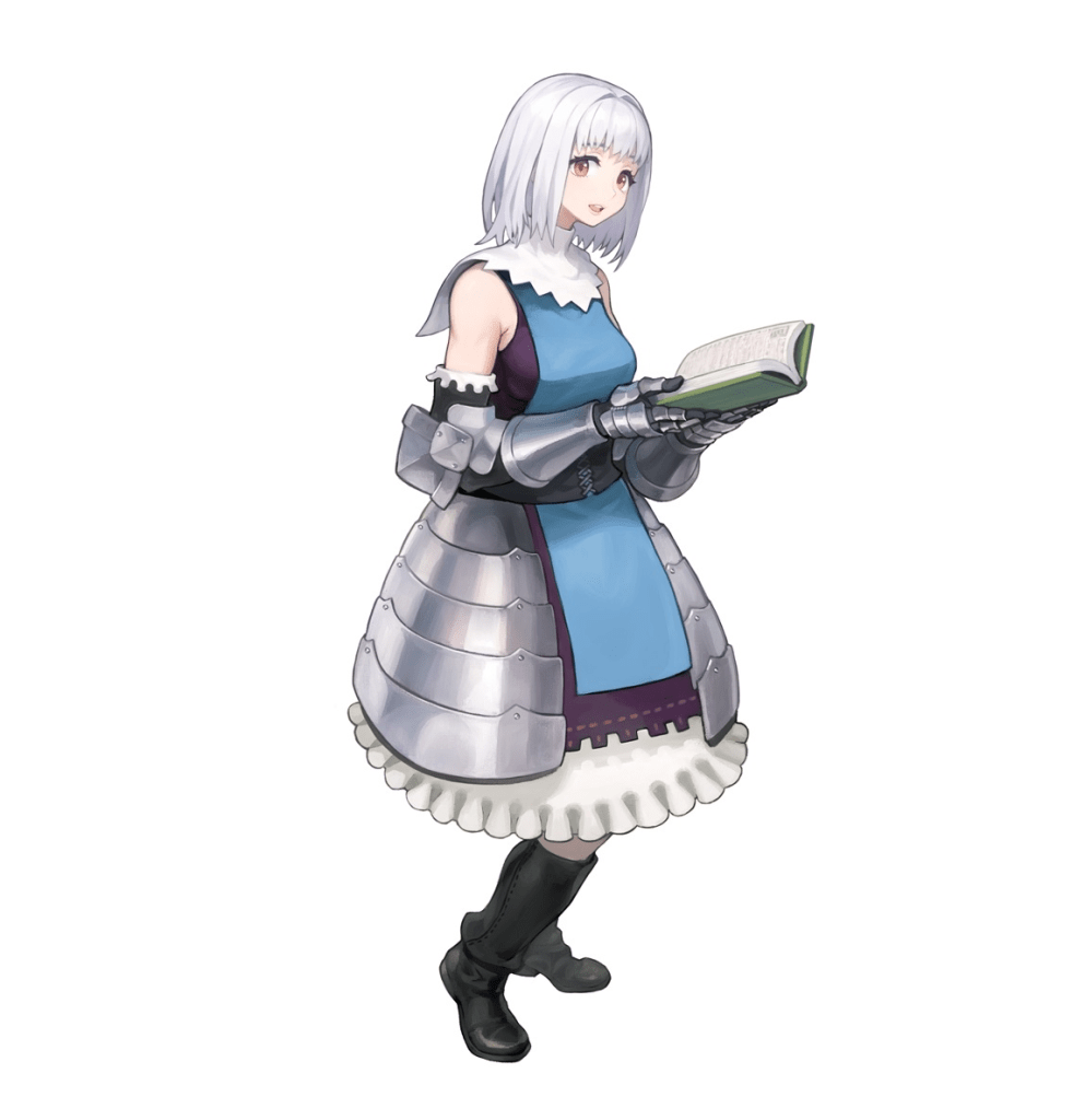 Sharon's a priestess type with an understated partially armored dress, shoulder length white hair, and bare shoulders GARSH