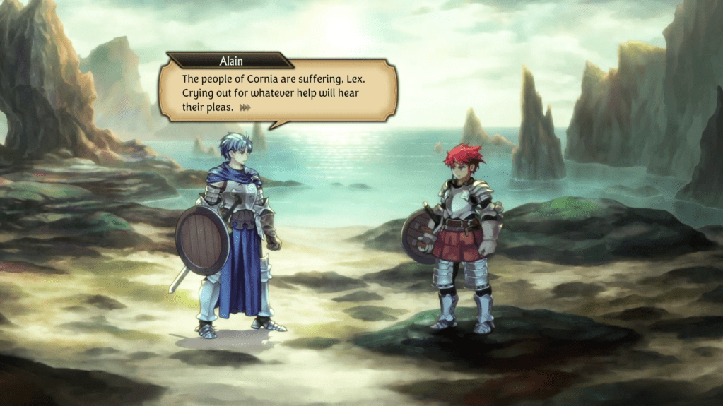 Alain stands with Lex on a rocky beach. He says, "The people of Cornia are suffering, Lex. Crying out for whatever help will hear their pleas."