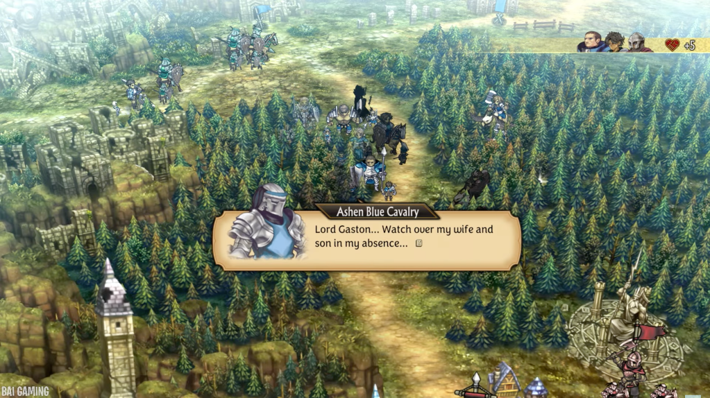 The Ashen Blue Cavalry says, "Lord Gaston... Watch over my wife and son in my absence..."