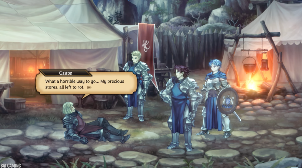 Gaston is on the ground saying, "What a horrible way to go... My precious stores, all left to rot."