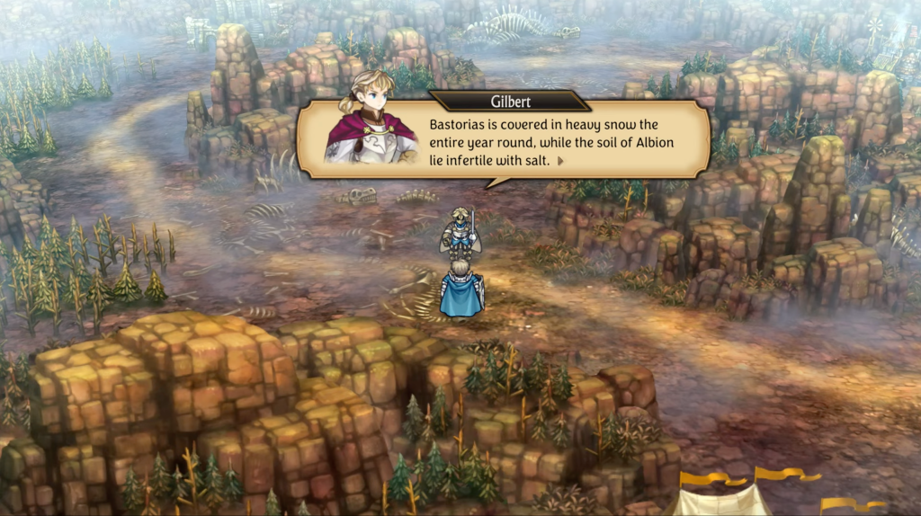 Gilbert: "Bastorias is covered in heavy snow the entire year round, while the soil of Albion lie infertile with salt."