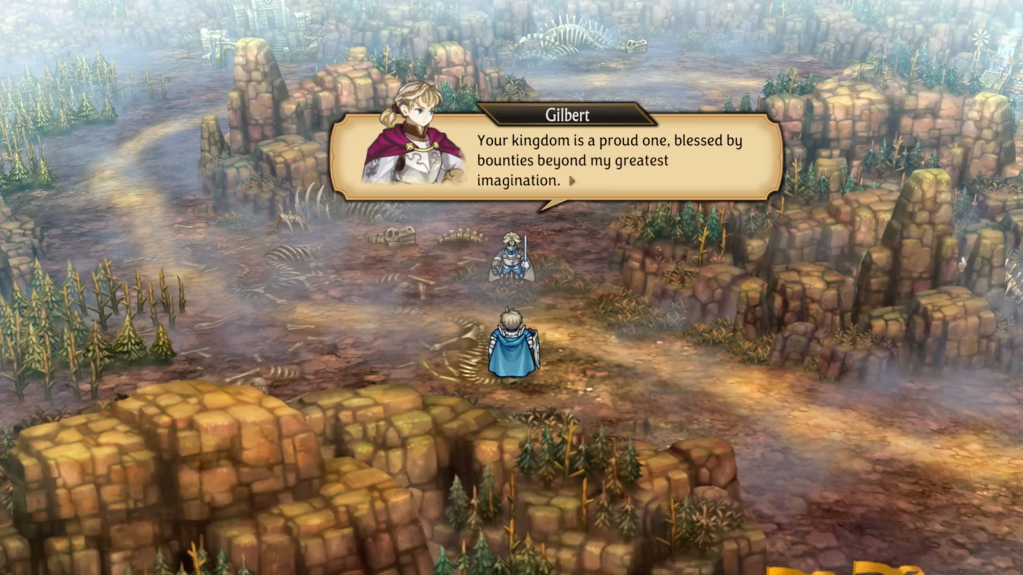 Alain and Gilbert talk in the dry and rugged looking Drakenhold area. Gilbert says, "Your kingdom is a proud one, blessed by bounties beyond my imagination."