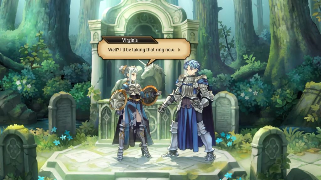 Virginia takes a step towards Alain with an open hand. Alain looks surprised and backs away a bit. She says, "Well? I'll be taking that ring now."