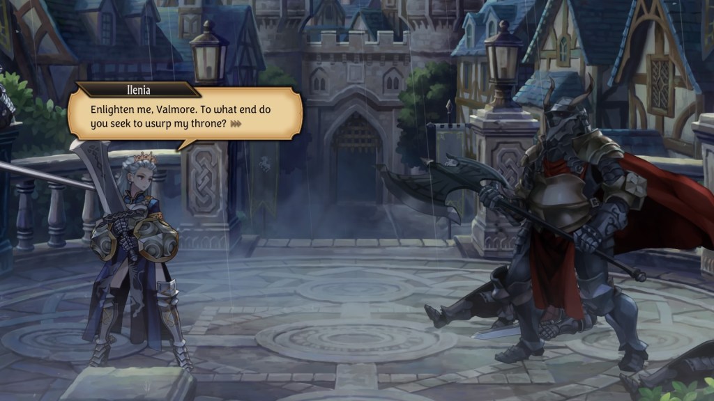 Queen Ilenia stands against Valmore, an imposing armored figure. She says, "Enlighten me, Valmore. To what end do you seek to usurp my throne?"