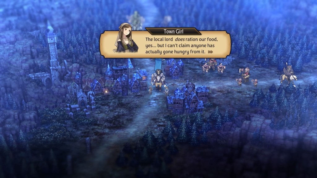 Town Girl says, "The local lord does ration our food, yes... but I can't claim anyone has actually gone hungry from it."