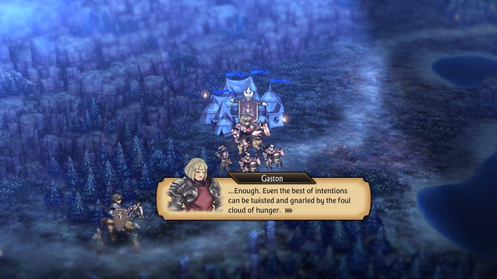 Gaston says, "... Enough. Even the best of intentions can be twisted and gnarled by the foul cloud of hunger."