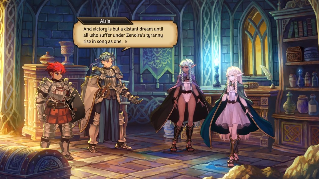 Alain says, "And victory is but a distant dream until all who suffer under Zenoira's tyranny rise in song as one." Lex stands at his side. Opposite him Rosalinde and Etolinde listen.