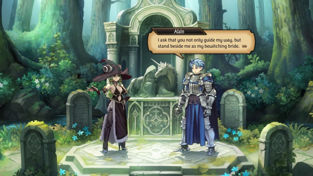 Alain says to Yahna, "I ask that you not only guide my way, but stand beside me as my bewitching bride."