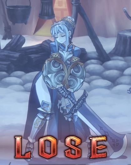 Virginia slumps over, has her eyes closed, her knees bend towards each other, and her sword is touching he ground. She looks weakened and 