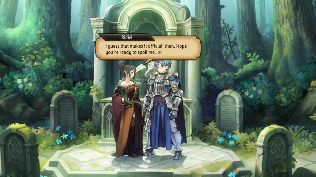 Ridiel, blushing, says, "I guess that makes it official, then. Hope you're ready to spoil me."