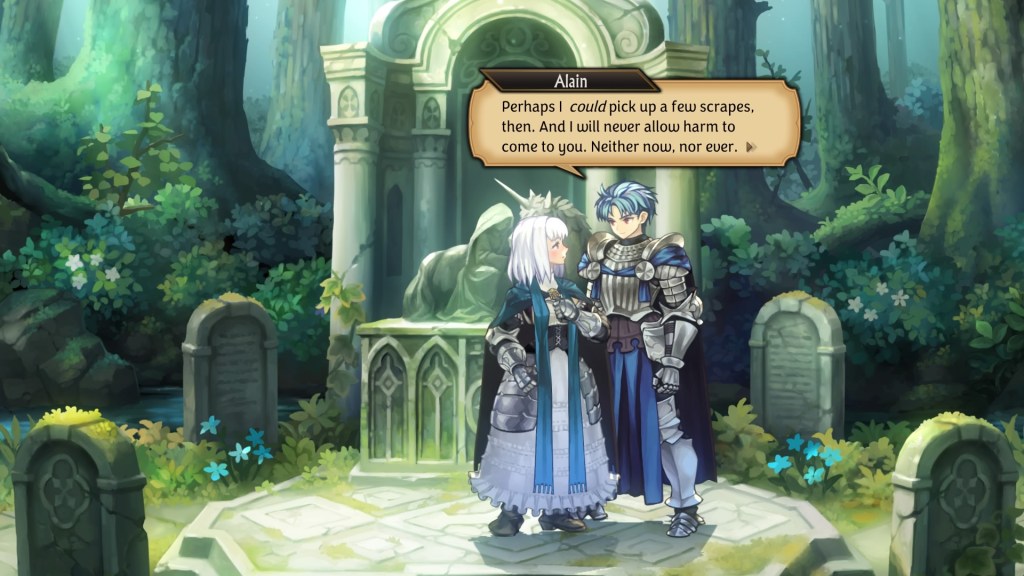 Alain replies, "Perhaps I could pick up a few scrapes then. And I will never allow harm to come to you. Neither now, nor ever."