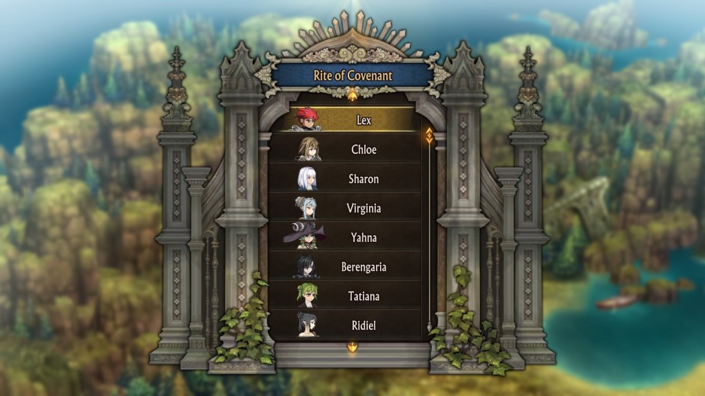 Menu for Rite of Covenant. It's adorned by decorated stone pillars with ivy on both sides. In the center is a list of names and faces where you select your maiden of choice. In this case it shows Lex (hovered over), Chloe, Sharon, Virginia, Yahna, Berengaria, Tatiana, and Ridiel. Some of the best of the best. 