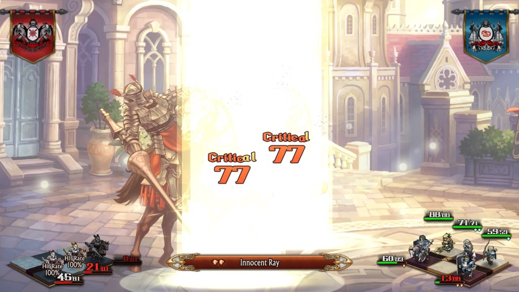 Charlotte's "Innocent Ray" does 77 critical damage to two knight guys killing them. It looks like a big yellowish white laser.