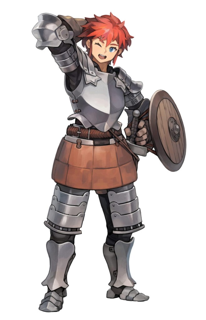 Lex's official art. His armor's a bit heavier and less decorated than Alain. He's got a more casual air to him. He's got red hair. 