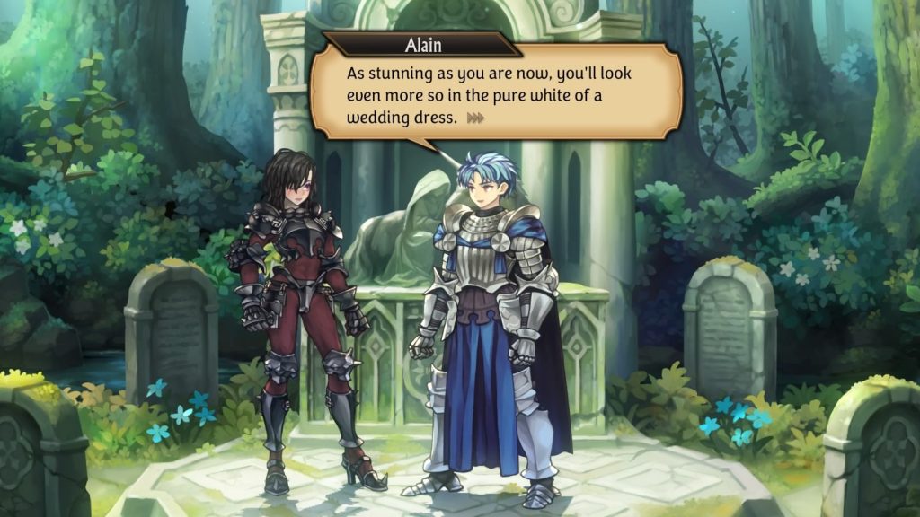 Alain says, "As stunning as you are now, you'll look even more so in the pure white of a wedding dress." Berengaria blushes in response. 