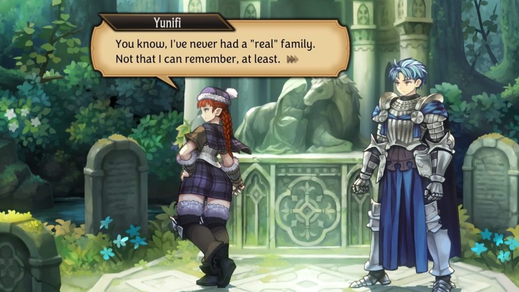 Yunifi has her backed turned to the screen. And uhhh... guess I'll be direct. Her ass is sizable, and her legs are too. She says, "You know, I've never had a 'real' family. Not that I can remember, at least." Alain has a neutral expression.