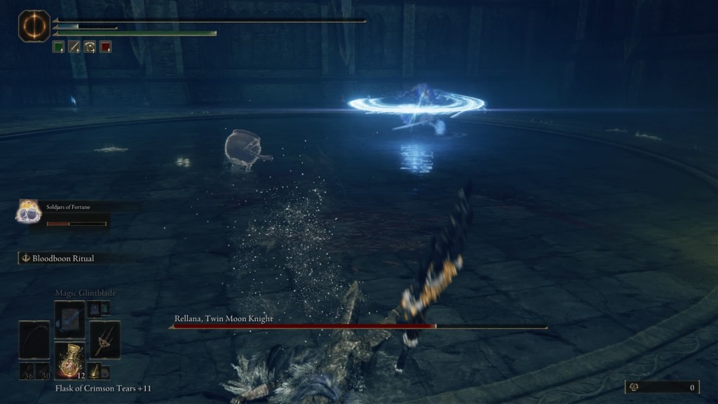 Rellana, Twin Moon Knight has killed my player character. She's in the distance shooting out a crescent shaped shining blue projectile. There's a Soldjar, a walking pot, heading her way. A bit late buddy.