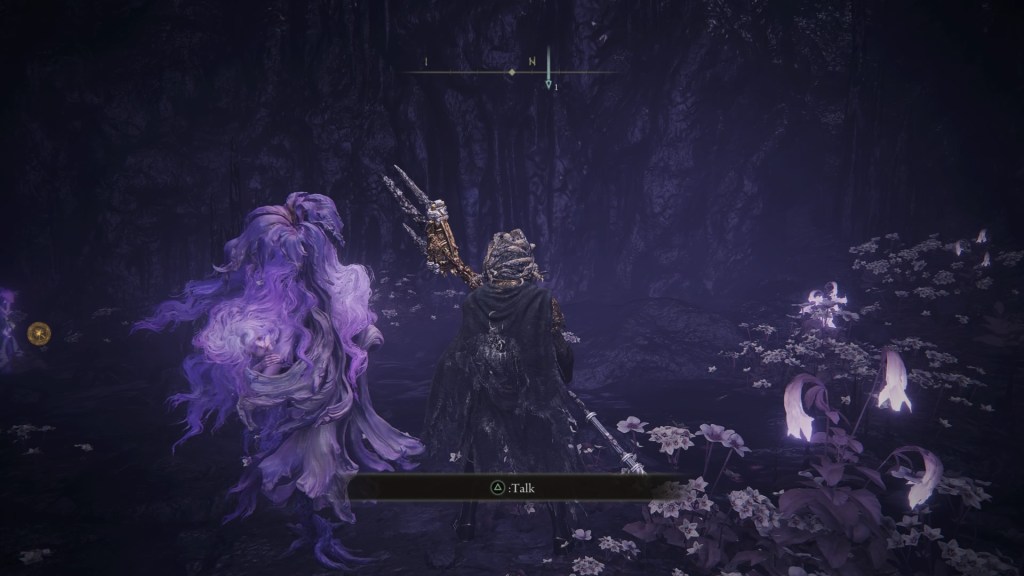 St. Trina, a woman who looks like a mix betwen a purple flower and a human. There's a prompt to talk to her.