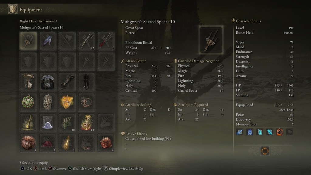 Shows an overview of my build after I defeated Promised Consort Radahn. I could talk about every part here but I'm going to break it down in the blog any way. Worth noting I'm level 196, and the display shows my +10 Mohgwyn's Sacred Spear. 