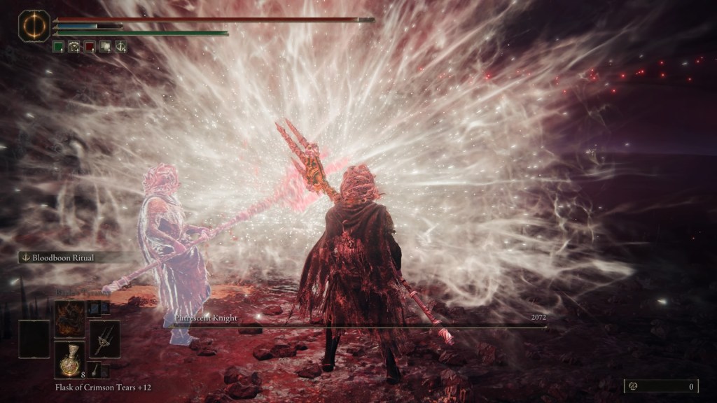 My tarnished character stands next to the mimic tear, a paler copy of the tarnished. Our spears are crossing, and the Putrescent Knight exploded.