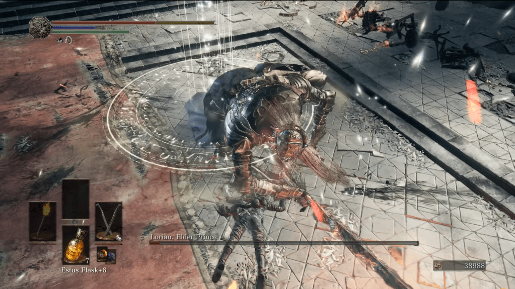 Lorian slams his blade on the ground, and the Ashen One with it