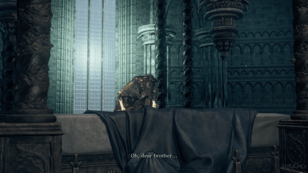 Lothric, wearing a damaged black hooded robe, says, "Oh, dear brother..."