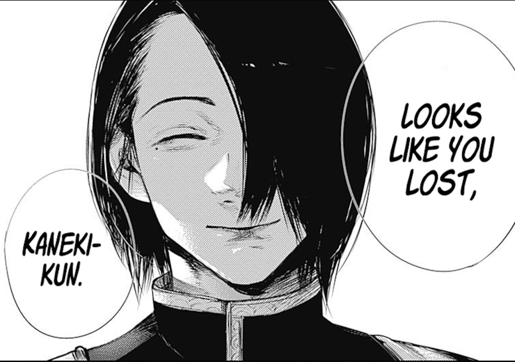 This goofy looking guy with an emo haircut that covers half his face is smiling and says "Looks like you lost, Kaneki-kun."