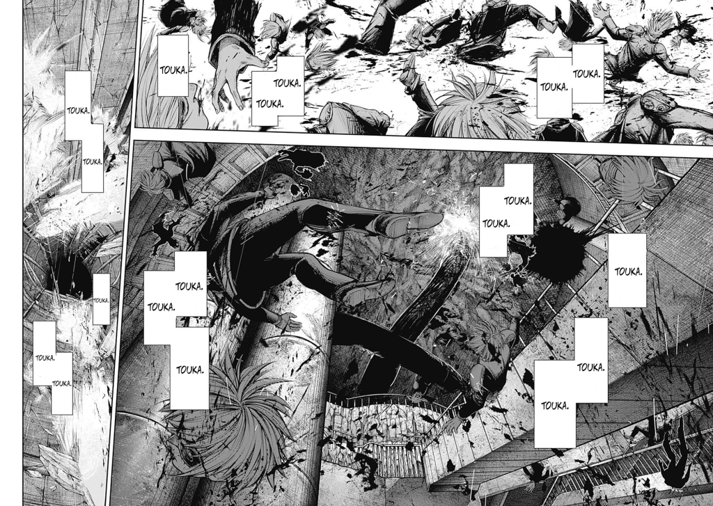 Men are being slaughtered while Kaneki chants "TOUKA. TOUKA. TOUKA. TOUKA. TOUKA. TOUKA."