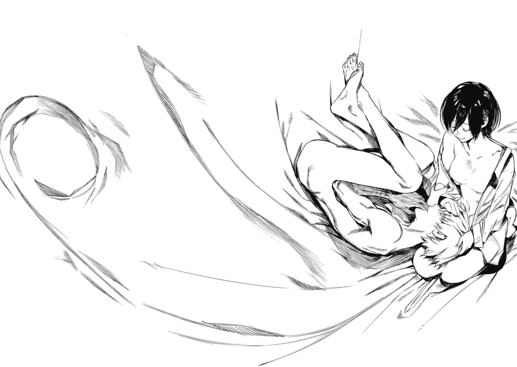 A nude Kaneki is curled up in a fetal position on Touka's lap. Touka has a gentle smile as she strokes his head. She's mostly naked too but she has an unbuttoned shirt on. The folds of the sheets look like butterfly wings. 