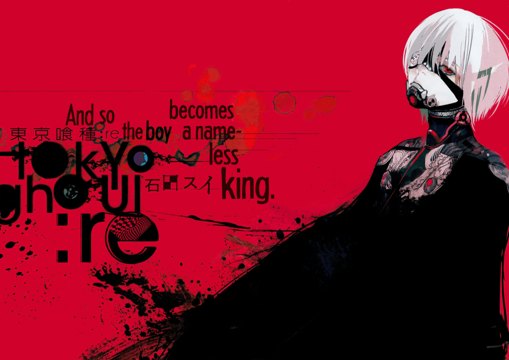 A colored cover page depicting Kaneki as the one eyed king. We see his red eye on a red background. His hair and face are white. His cape gets real inky at the edges. His head is cocked back and he has an ambiguous expression.

And so the boy becomes a nameless king.
